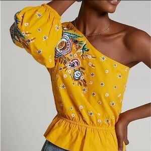Anthropologie Embroidered Yellow One-Shoulder Top